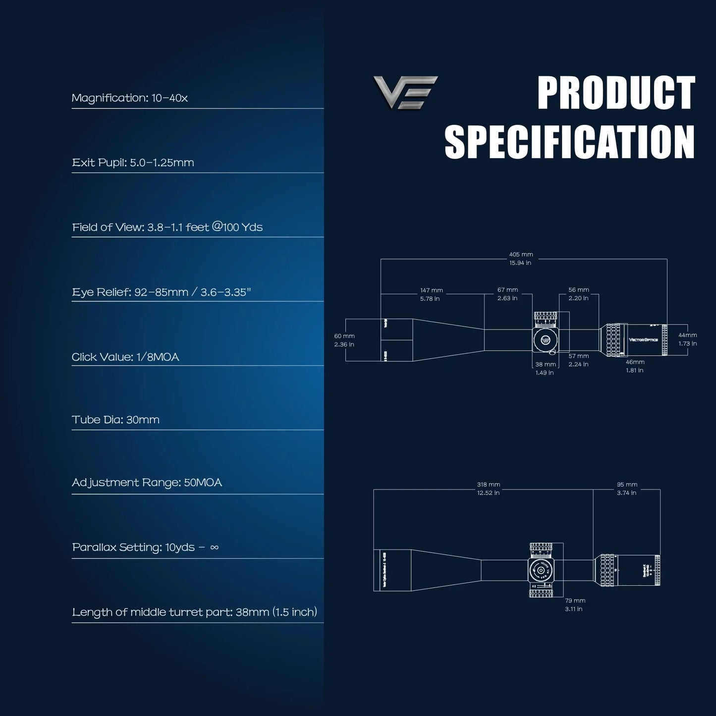 Vector Optics Sentinel-X 10-40x50 Center Dot Riflescope